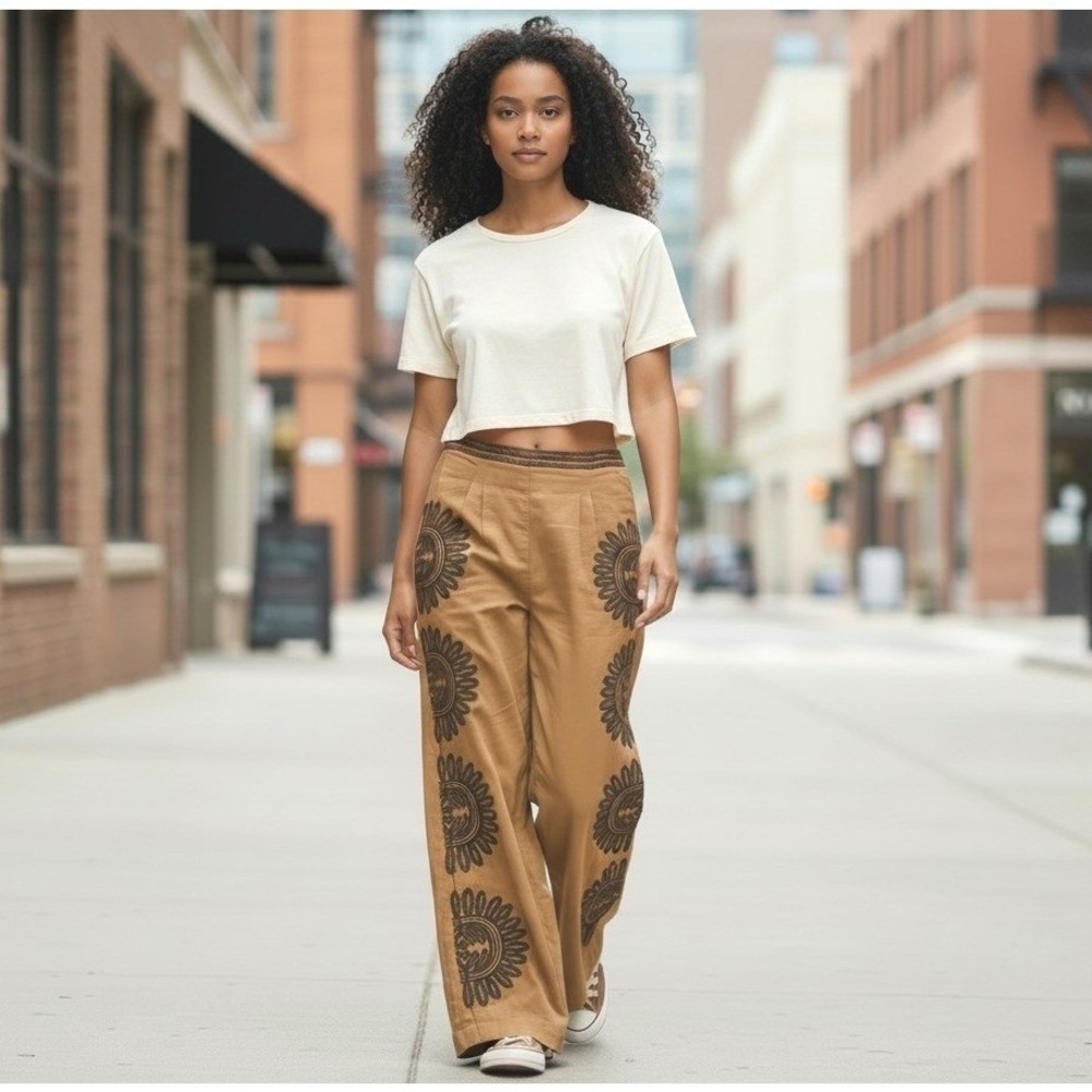 NWT Ollari NY Anthropologie Embroidered Wide Leg Pants Sz XLP Boho Brown